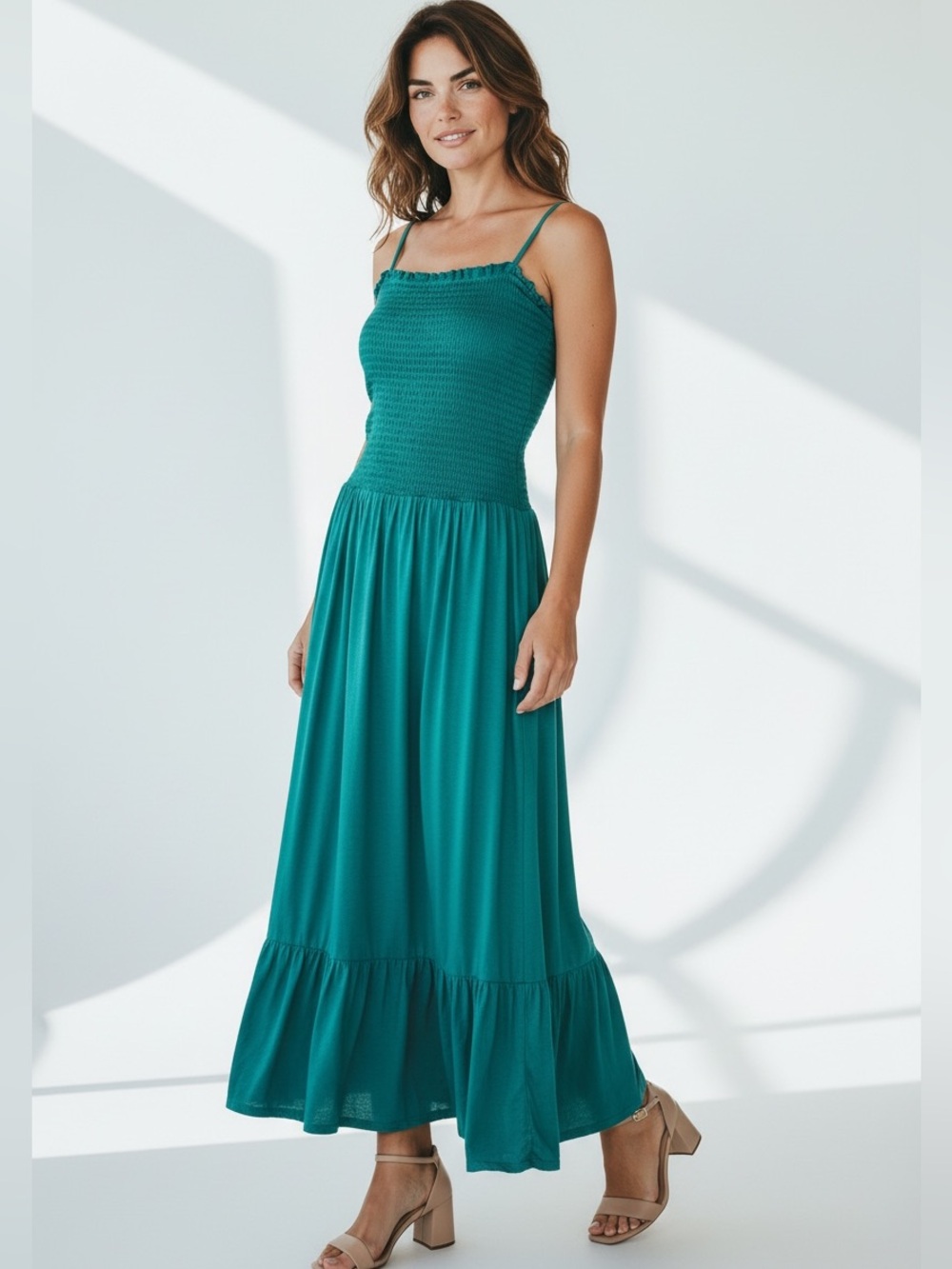 Anthropologie Teal Turquoise Smocked Maxi Dress 3X Sleeveless Ruffle Hem